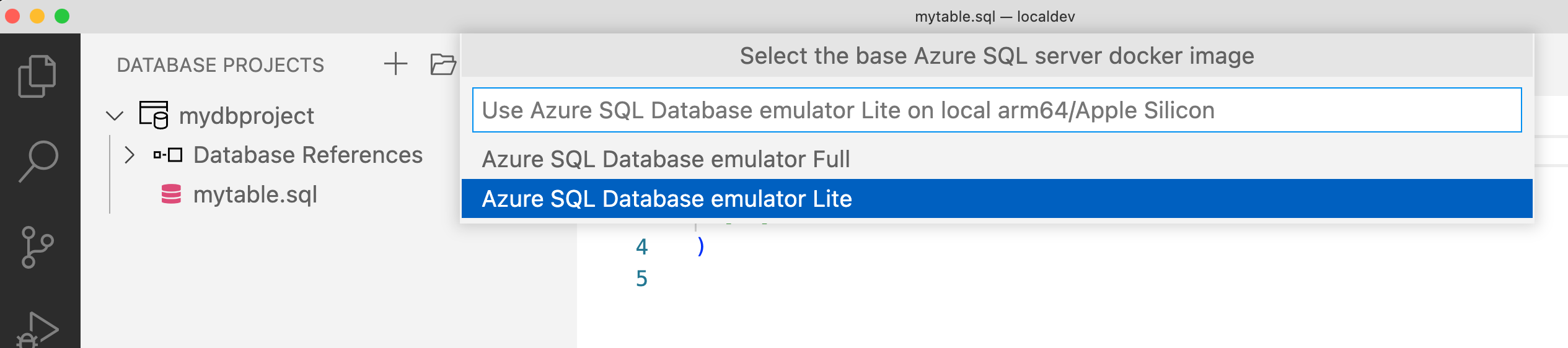 在 Visual Studio Code 中選取 Azure SQL Database 模擬器的螢幕擷取畫面。