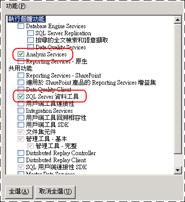 顯示 Analsyis Services 的安裝功能樹狀結構