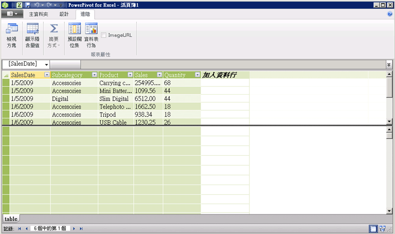 PowerPivot 視窗中的進階索引標籤