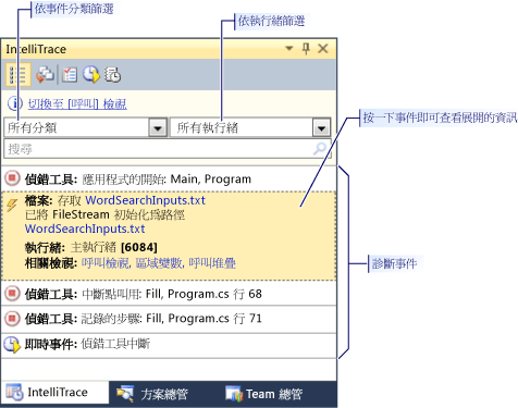 顯示診斷事件的 [偵錯歷程] 視窗