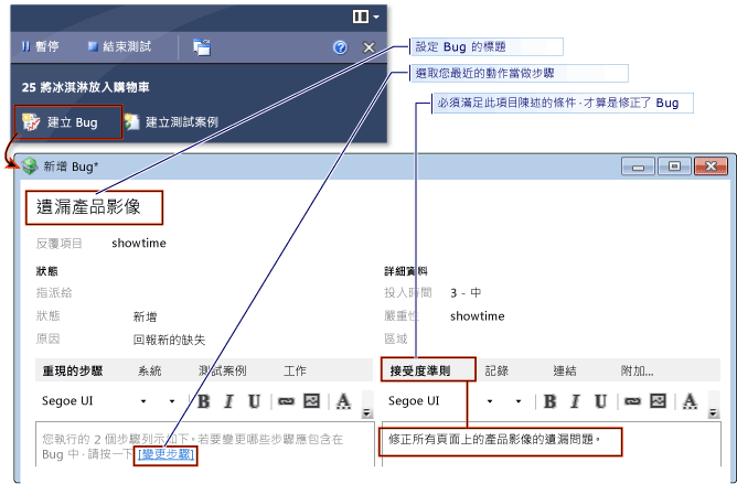 從探勘工作階段建立 Bug。