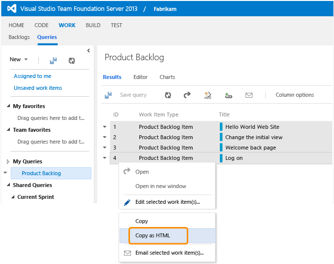 Copy as HTML selected work items