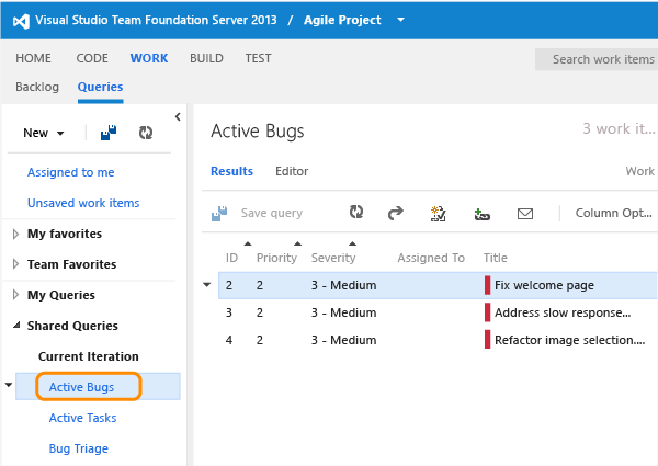 Open shared query, e.g., Active Bugs