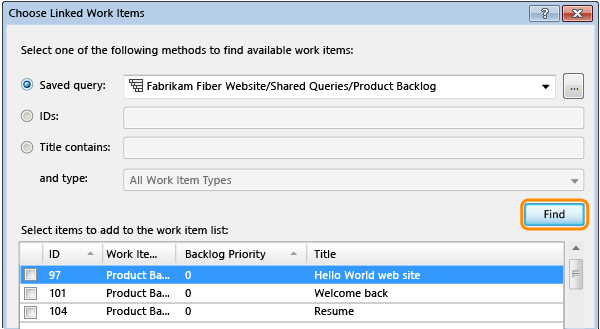 Find work items from the query to link to