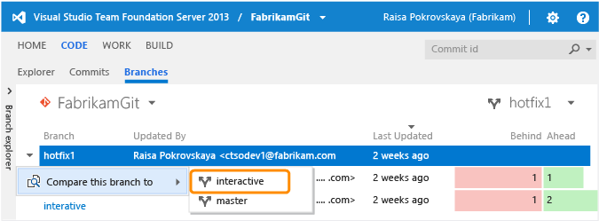 Comparing Git branches on the web portal