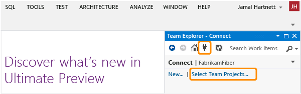 Select team project link on the Connect page in Team Explorer