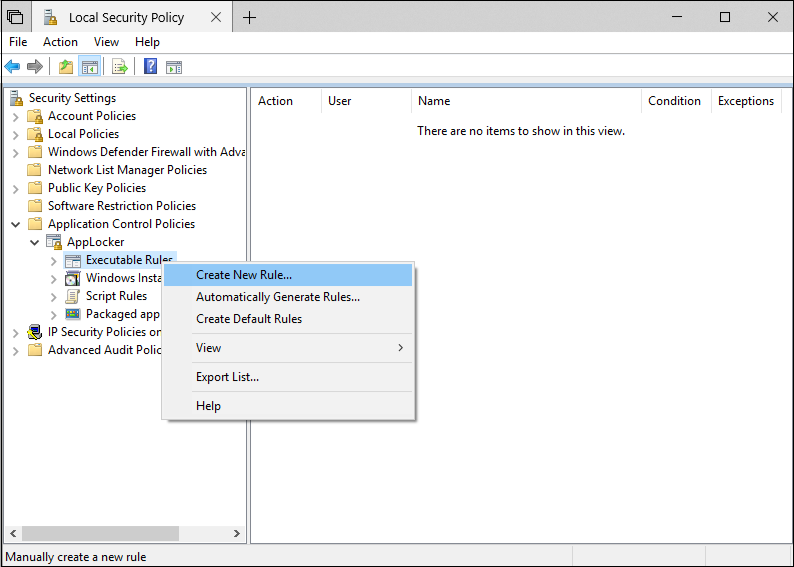 Local security snap-in, showing the Executable Rules.