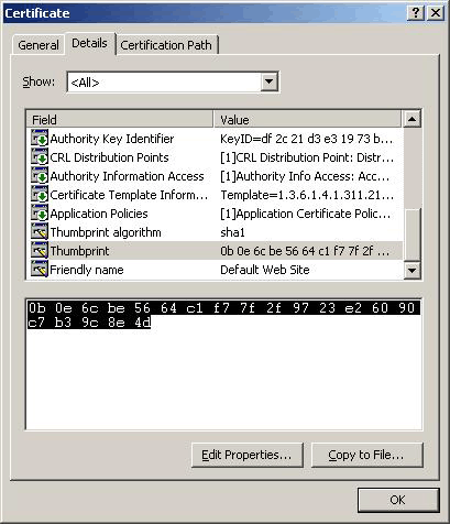 Certificate dialog - Details tab - thumbprint