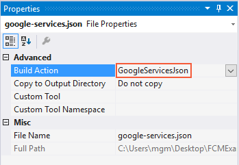 將建置動作設定為GoogleServicesJson