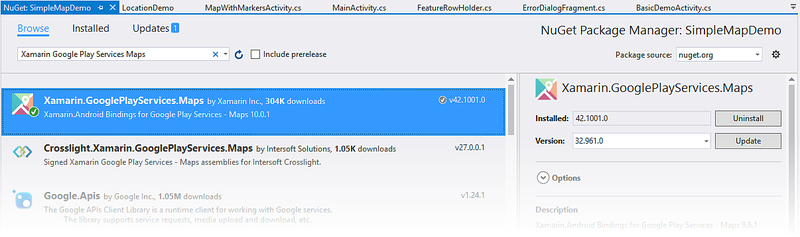 NuGet Package Manager with Xamarin.GooglePlayServices.Maps package selected