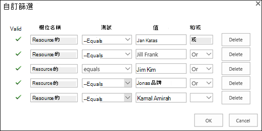 透過篩選準則新增指派的資源。