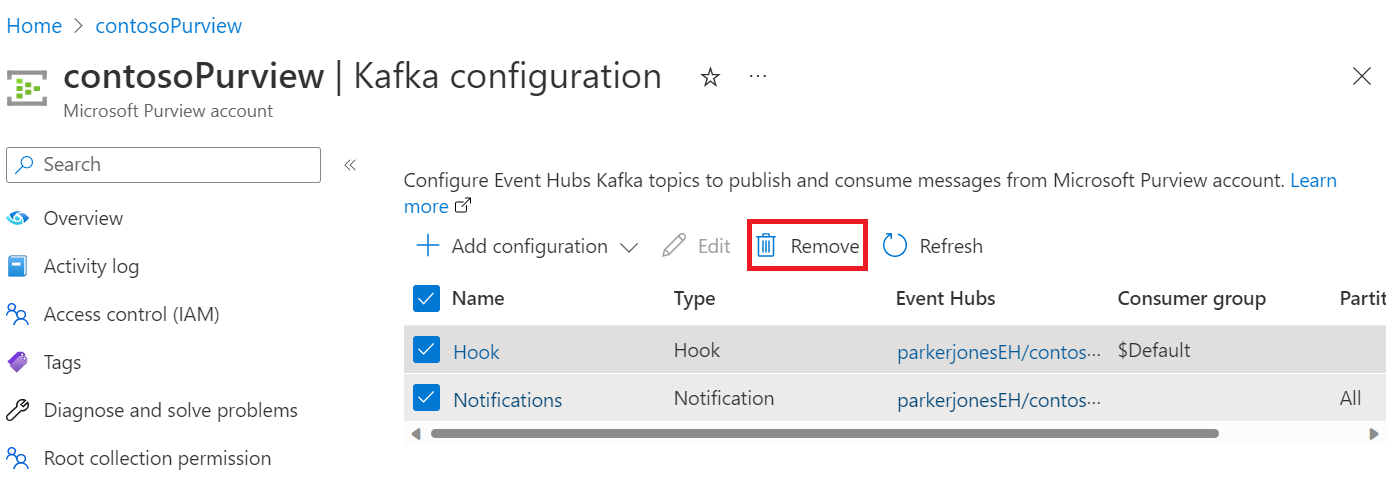 此螢幕快照顯示 Azure 入口網站 中 [Microsoft Purview 帳戶] 頁面的 [Kafka 設定] 頁面，並醒目提示 [移除] 按鈕。