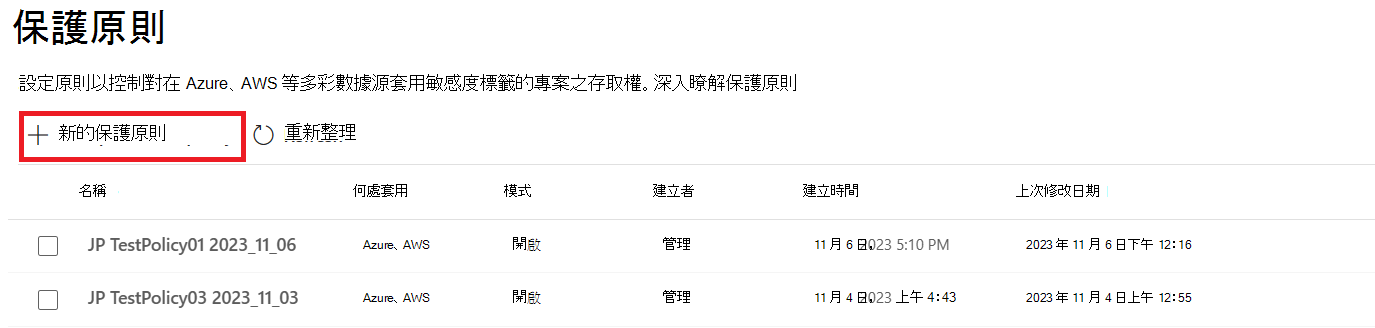 [保護原則] 頁面的螢幕快照，其中已醒目提示 [+ 新增保護原則] 按鈕。