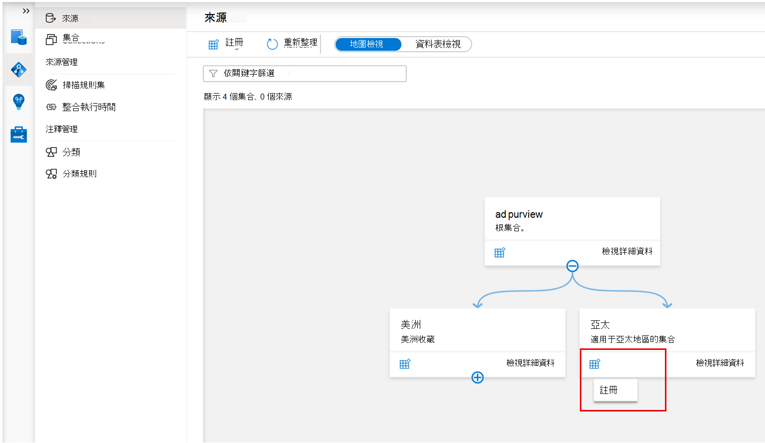 顯示用來註冊數據源之集合的螢幕快照。