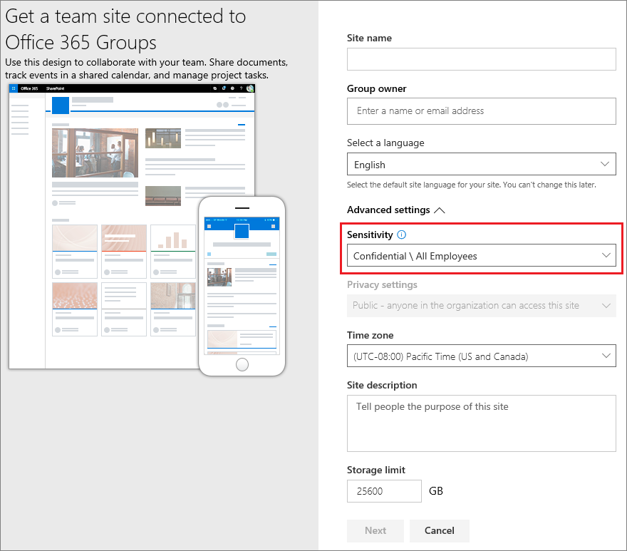 從 SharePoint 建立小組網站時的敏感度標籤。