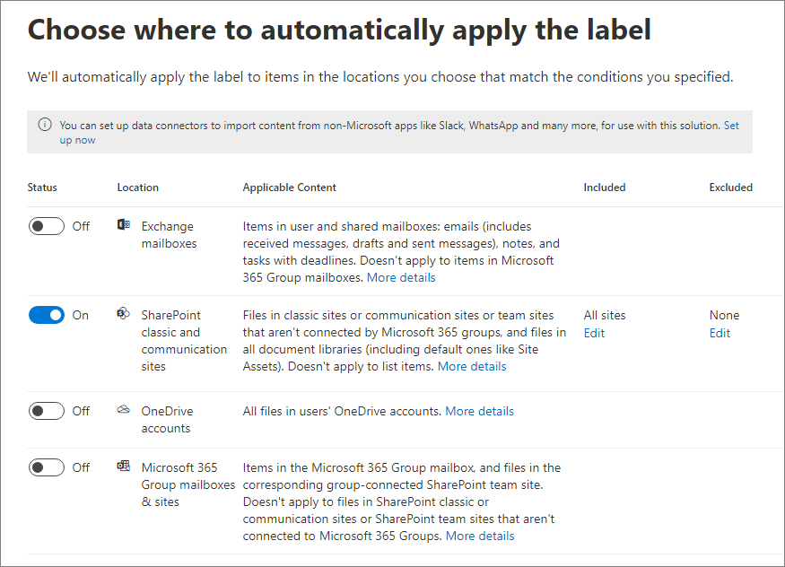 選擇 [SharePoint 網站] 以自動套用標籤。