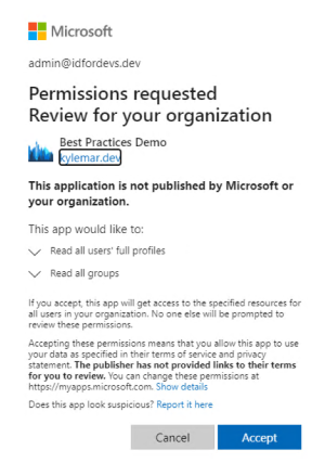 [要求檢閱貴組織的許可權] 對話框的螢幕快照，其中描述應用程式使用 [取消] 和 [接受] 按鈕要求的許可權。