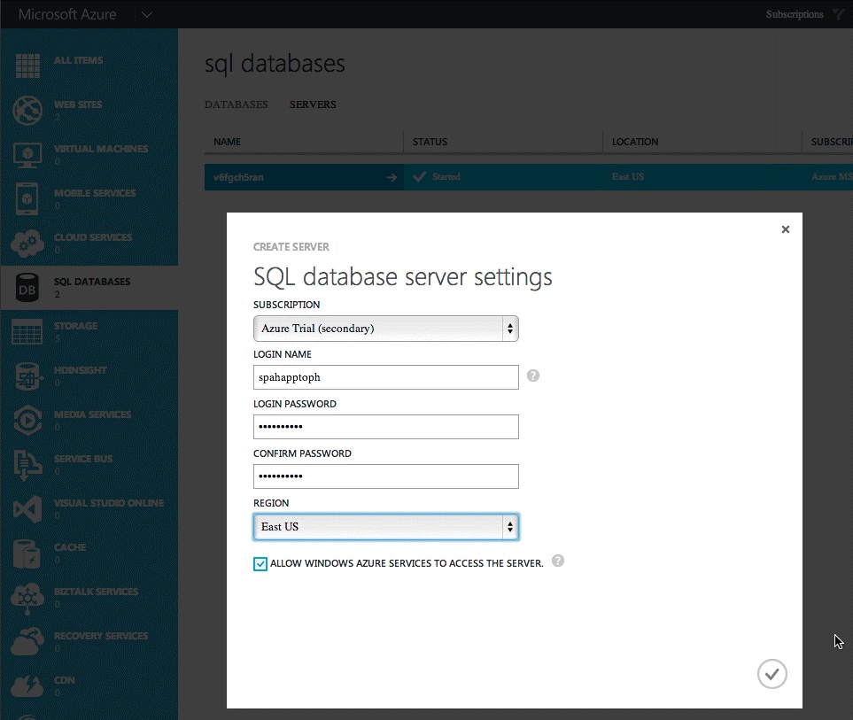 Azure SQL New DB dialog