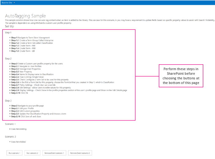 Screenshot of the autotagging add-in start page, with three setup steps highlighted.