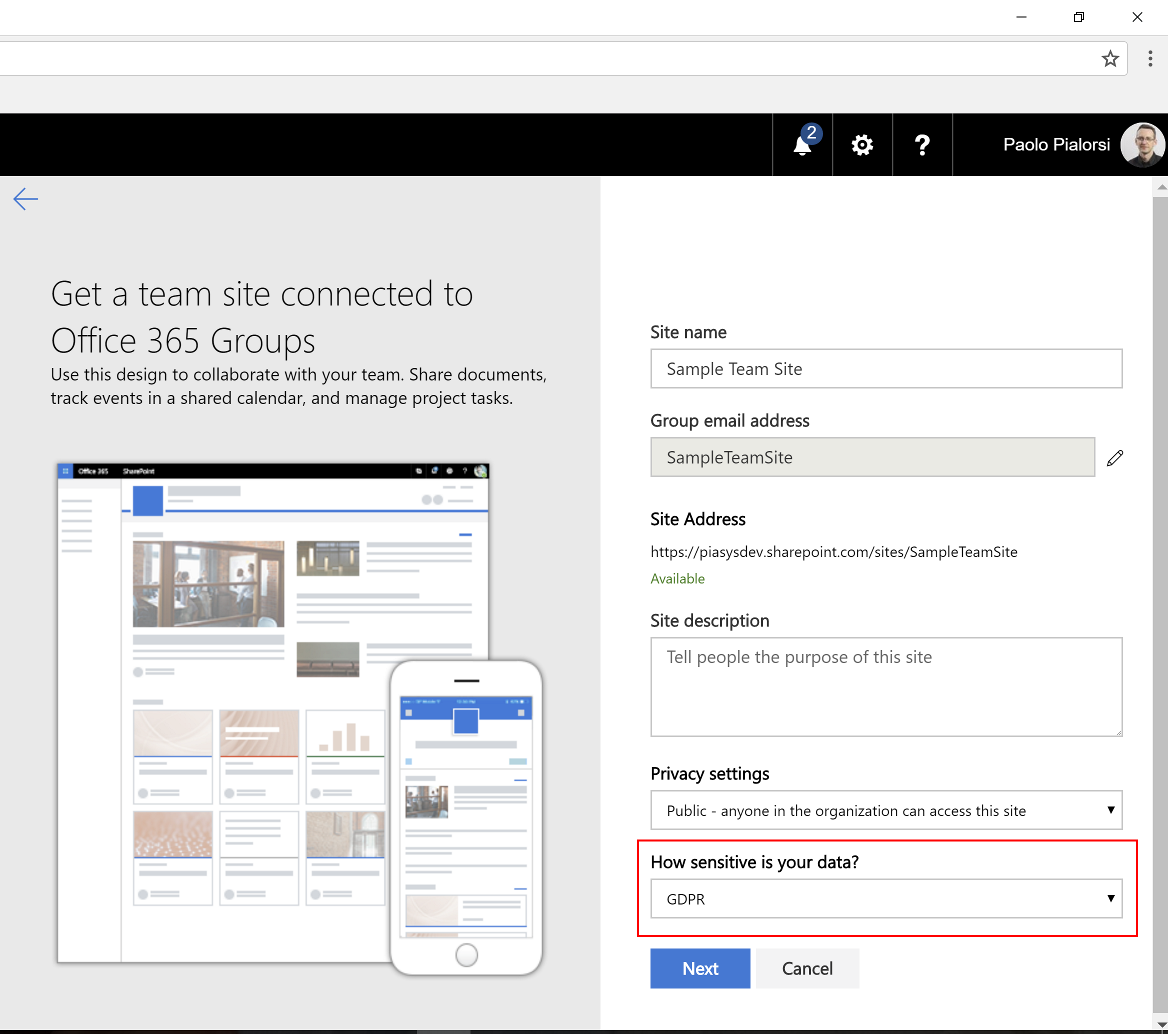 The site classification option while creating a "modern" site in SharePoint Online