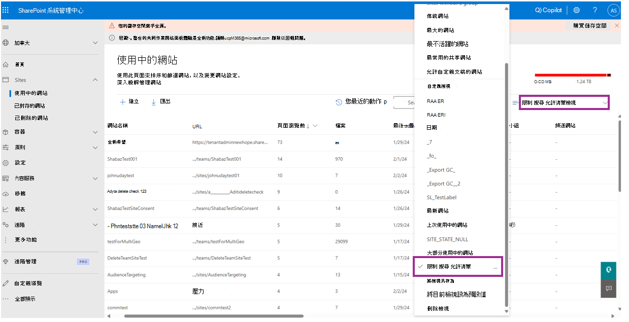 檢閱已儲存自定義使用中網站檢視的螢幕快照