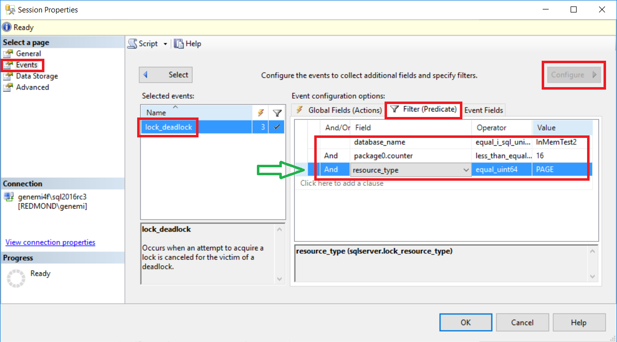 [新增工作階段] > [事件]，[Filter Predicate Fields (Actions) (篩選述詞欄位 (動作))]