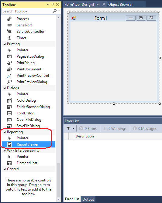 Screenshot of the Toolbox, highlighting ReportViewer control.
