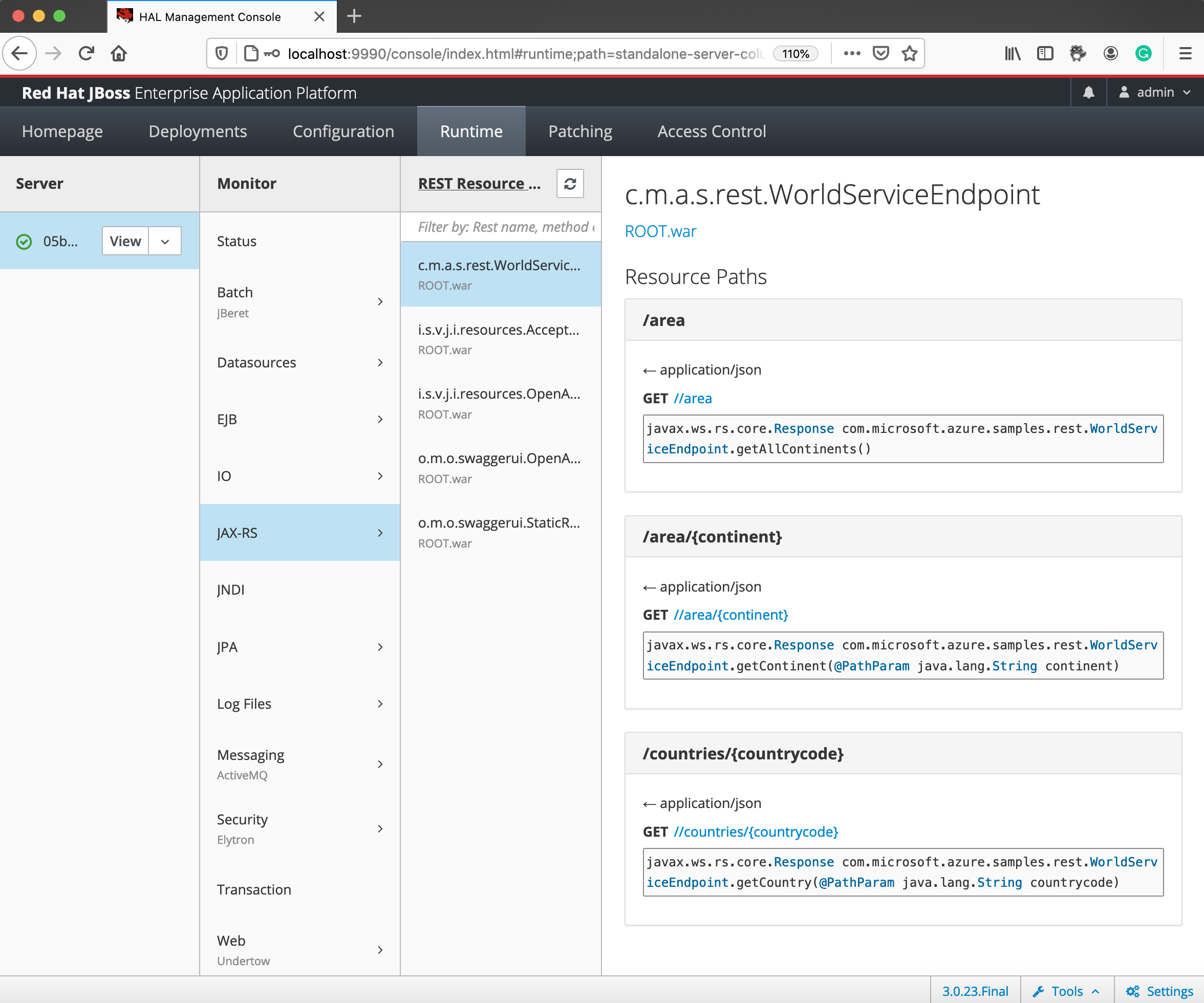 Screenshot that shows RESTful endpoints on the admin console.