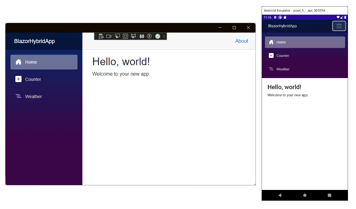 Windows 和 Android 上執行的預設 Blazor Hybrid 應用程式螢幕擷取畫面。