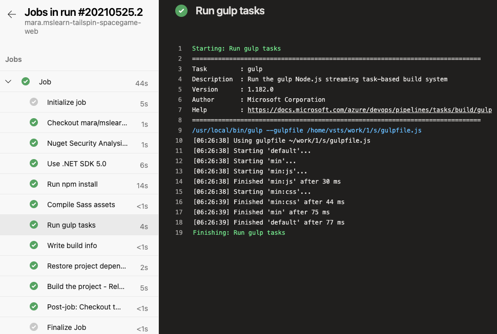 Azure Pipelines 螢幕擷取畫面，顯示完整的組建工作清單。已選取 [執行 gulp] 工作。