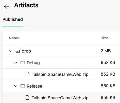 Azure Pipelines 螢幕擷取畫面，顯示偵錯和發行組態兩者的封裝應用程式。