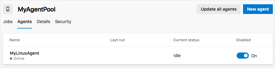 A screenshot of Azure DevOps showing the status of the private agent. The agent shows as online, idle, and enabled.