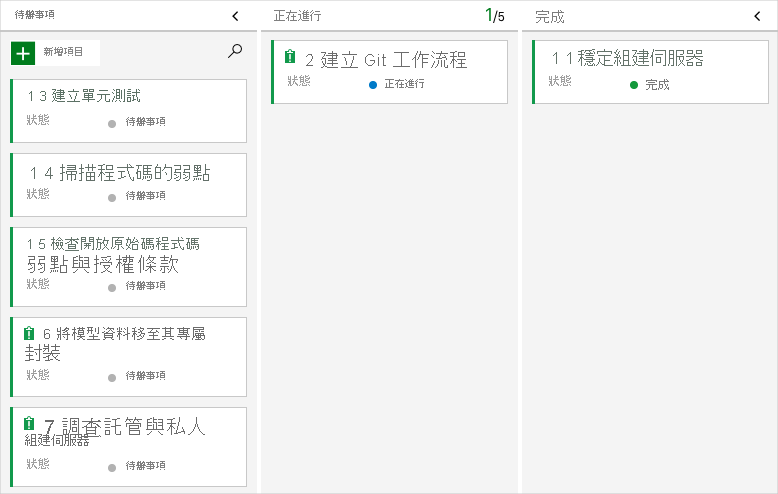 Azure Boards 的螢幕擷取畫面，其中顯示 [執行中] 資料行中的工作項目。