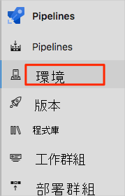 Screenshot of Azure Pipelines that shows the location of the Environments menu option.