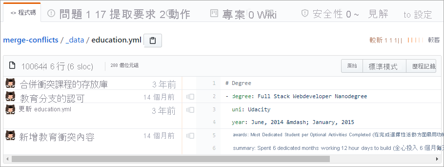 GitHub 改動者的螢幕擷取畫面。