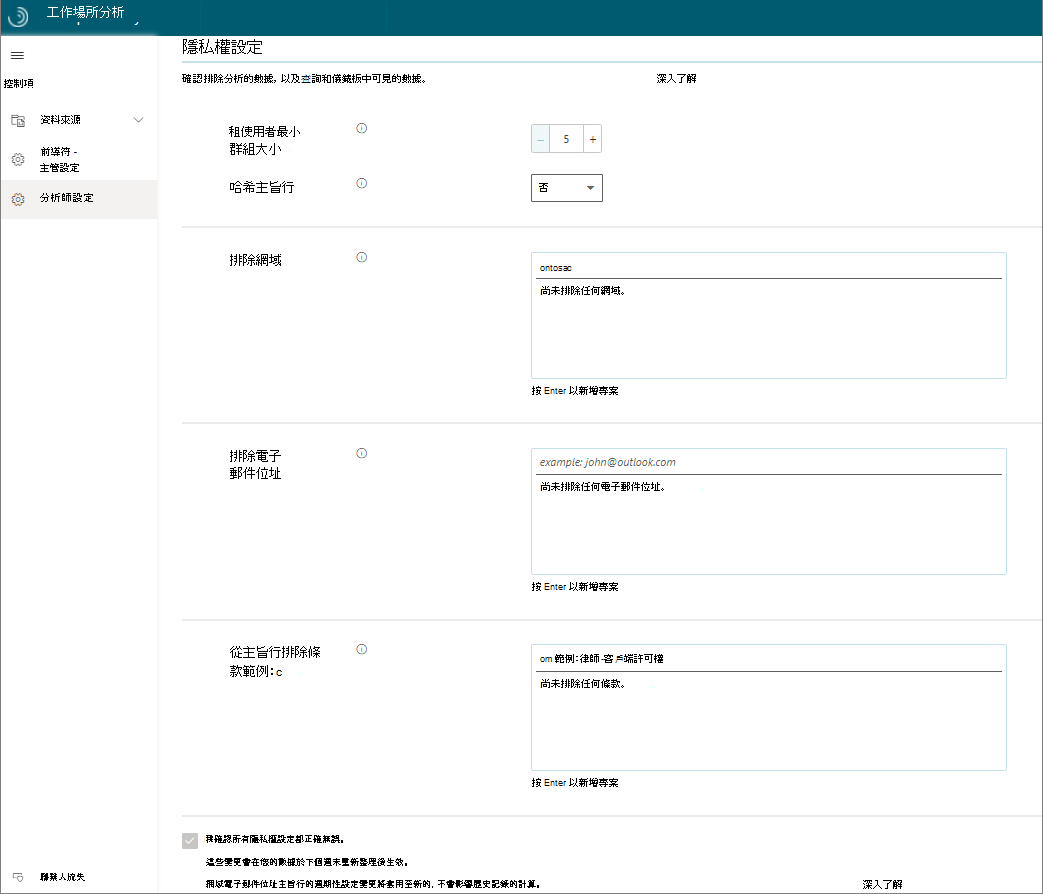 工作場所分析隱私權設定的螢幕擷取畫面。