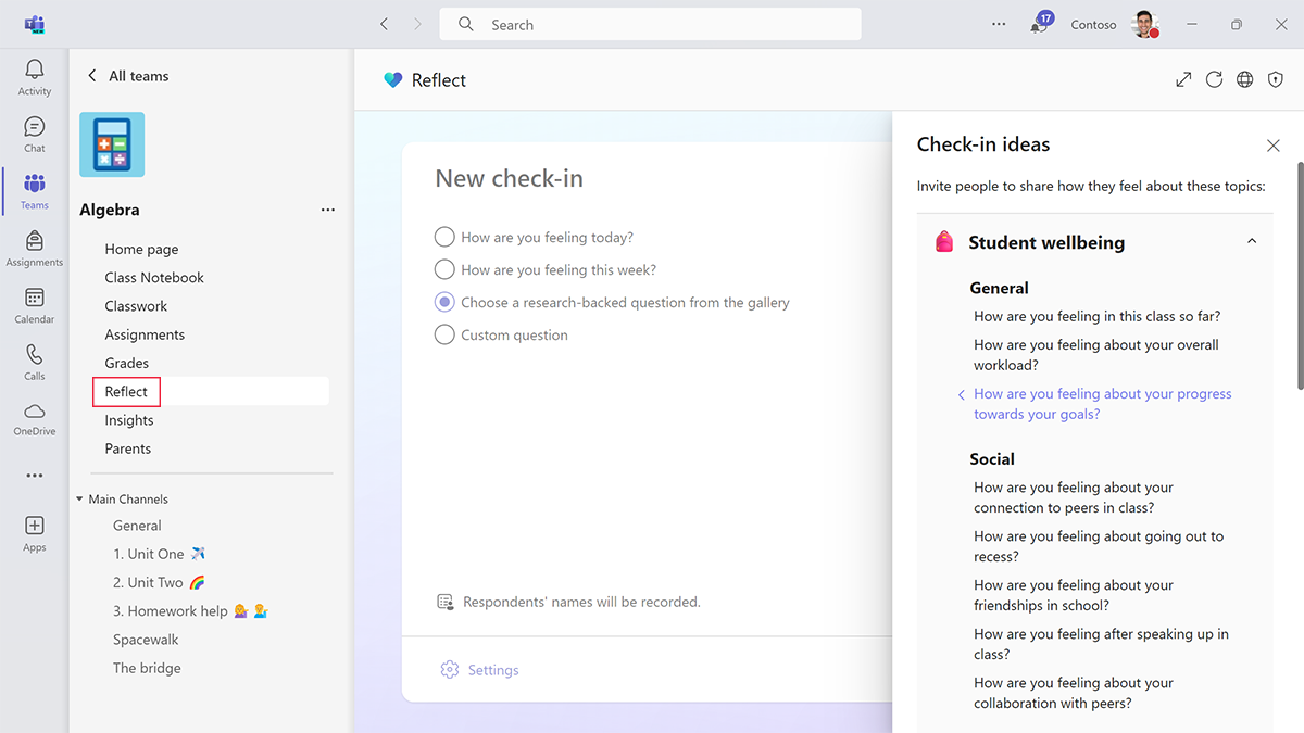 Screenshot of the option to use research-backed Reflect check-in questions.