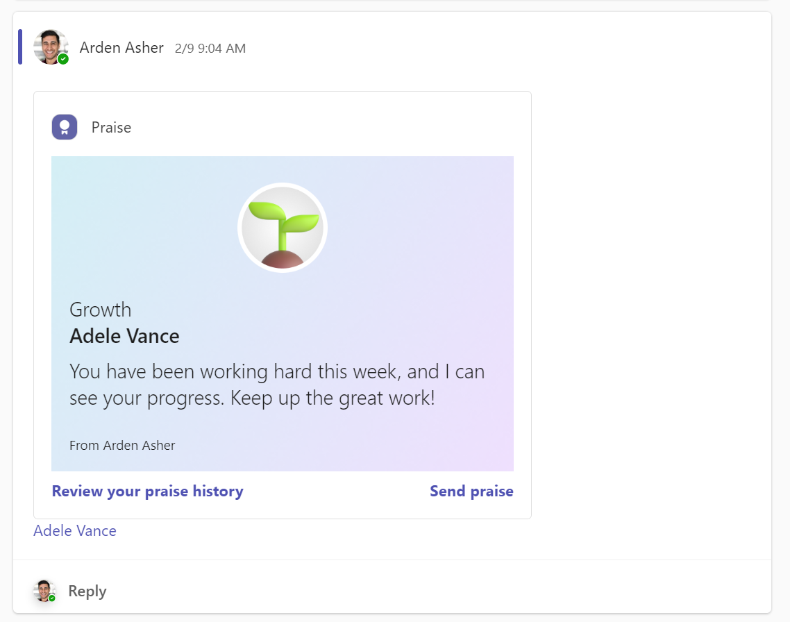 Screenshot of a praise post to learner in a class team channel in Microsoft Teams.