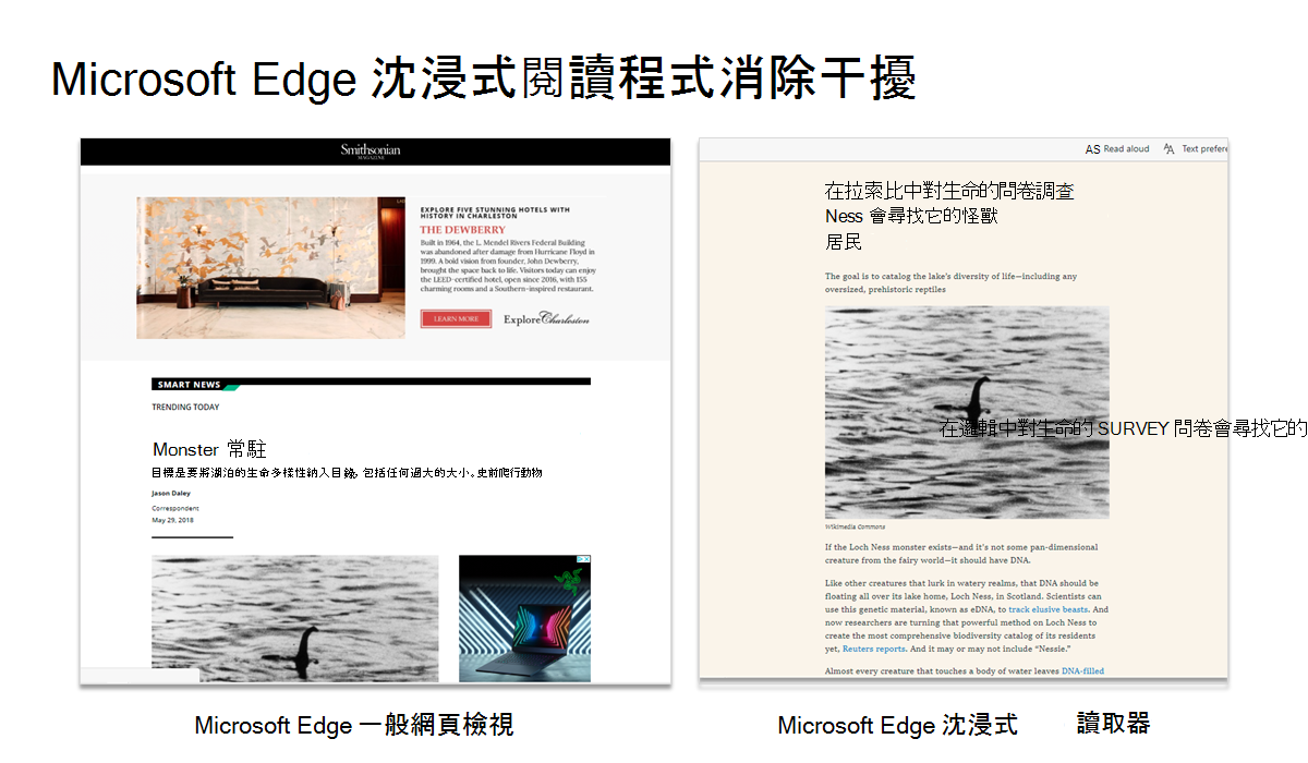 顯示 Microsoft Edge 沈浸式閱讀程式消除干擾的螢幕擷取畫面。