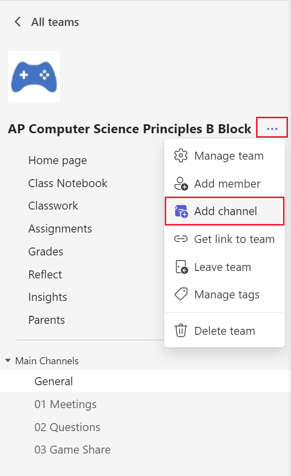 Screenshot of how to add a channel to a team in Microsoft Teams.