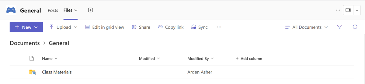 Screenshot of the Files tab in Microsoft Teams.