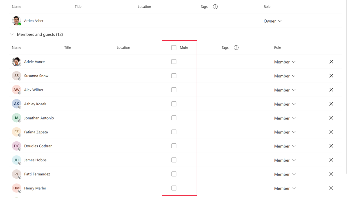 Screenshot of the setting to mute members in Microsoft Teams.