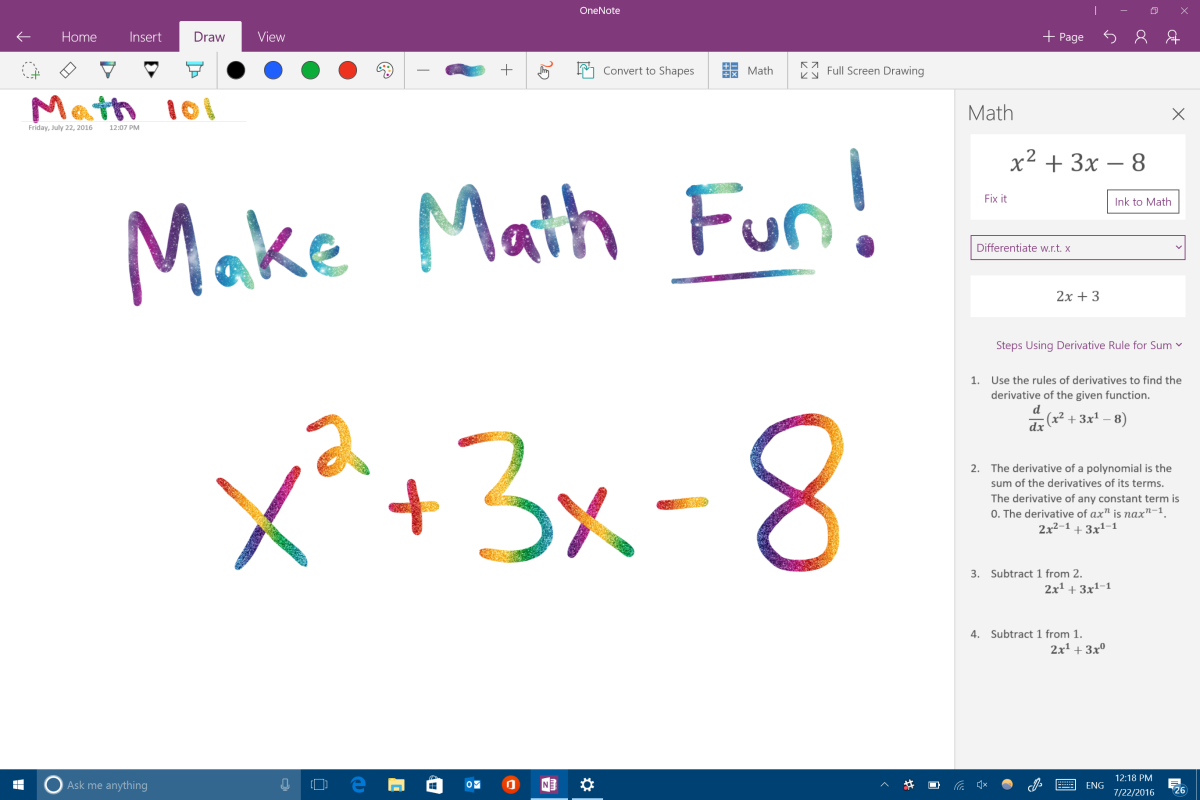 在 OneNote 中使用筆跡計算數學的螢幕擷取畫面。