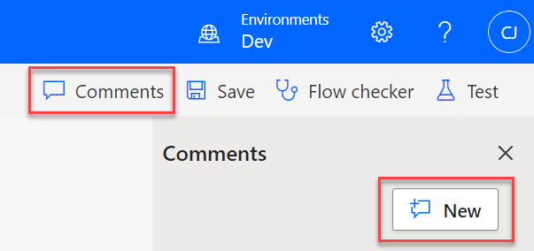 Screenshot showing the New button in the Comments pane where you can add a new comment.