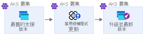 顯示實驗室流程的圖表：先對結束支援的版本套用修補檔升級，再升級至最新的支援版本。