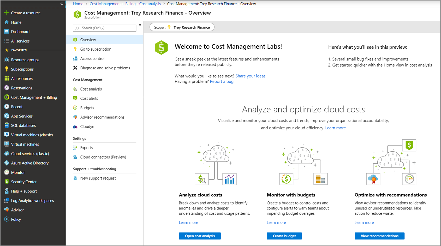 從 [成本管理 + 計費] 側邊瀏覽瀏覽至 [成本管理] 概觀面板的 Azure 入口網站螢幕擷取畫面。