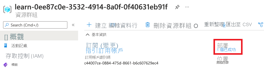 資源群組概觀之 Azure 入口網站介面的螢幕擷取畫面，其中的部署區段顯示有一個部署成功。