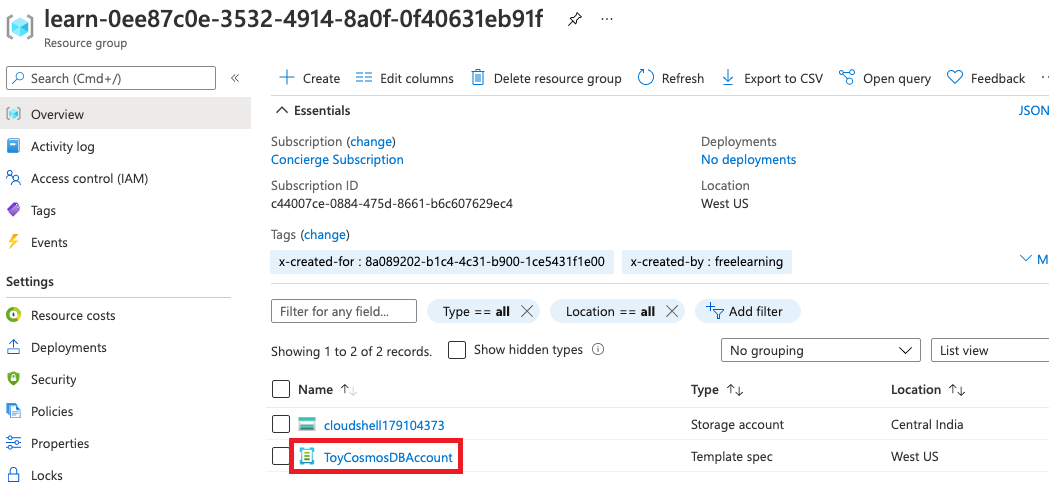 Azure 入口網站介面的資源群組概觀螢幕擷取畫面，其中顯示包含於資源清單中的範本規格。