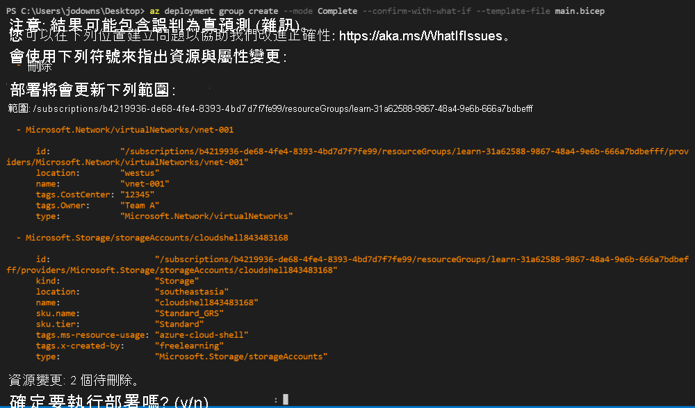 Azure CLI 的螢幕擷取畫面，其中顯示部署確認作業的輸出。
