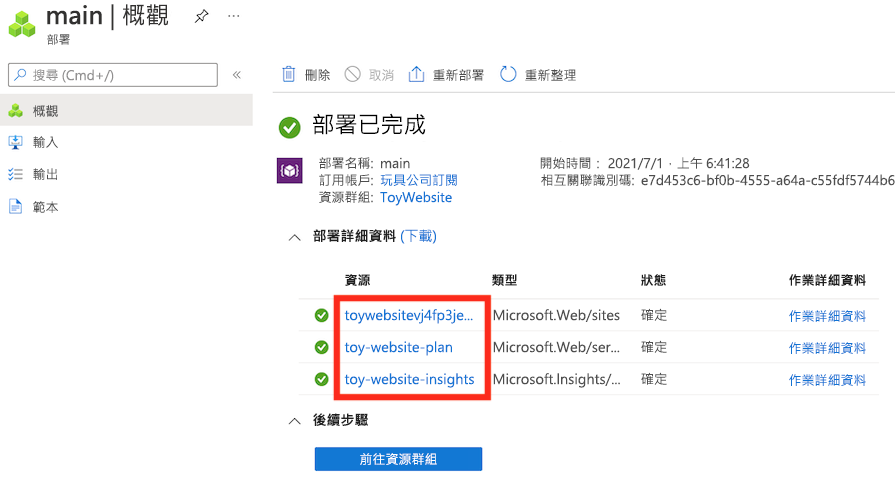 Screenshot of the Azure portal deployments overview pane for the main deployment, with an App Service plan and app, and an Application Insights instance listed.